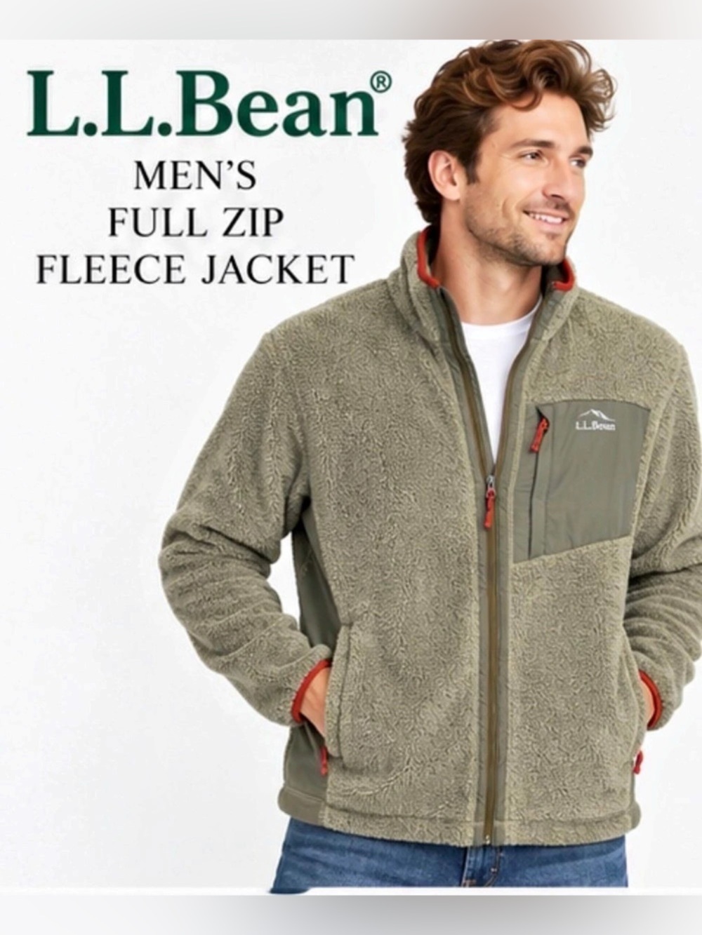 L.L.Bean Men’s Adventure Hybrid High-Pile Fleece Full Zip Jacket Olive Large